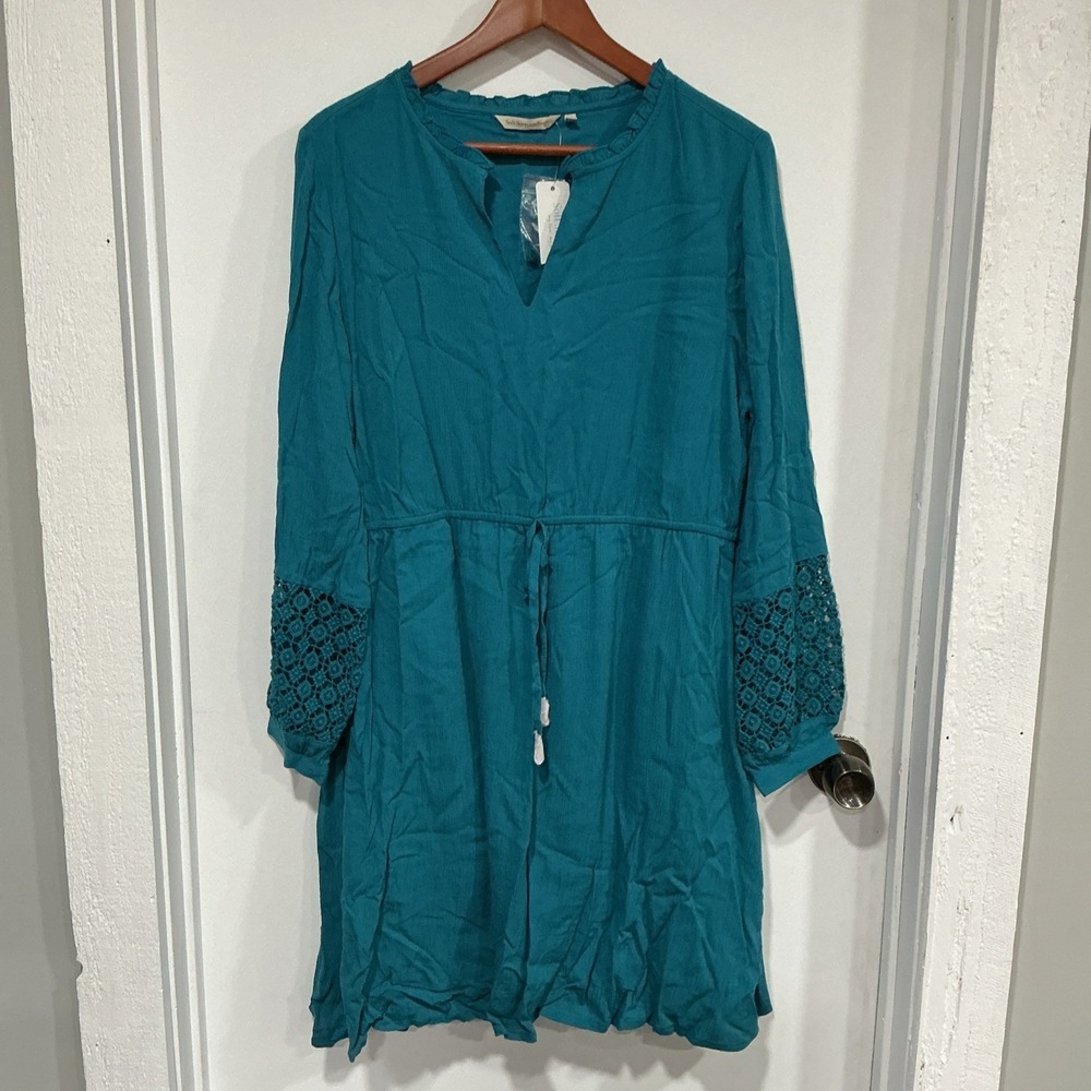 Soft Surroundings Meara Gauze Dress, Crochet Sleeves, Drawstring, Knee Length, L